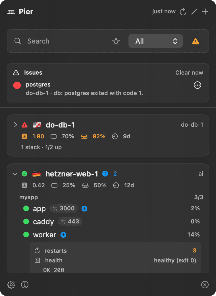 Pier container inspect detail: restart count, healthcheck output, image, memory limit, mounts and redacted env