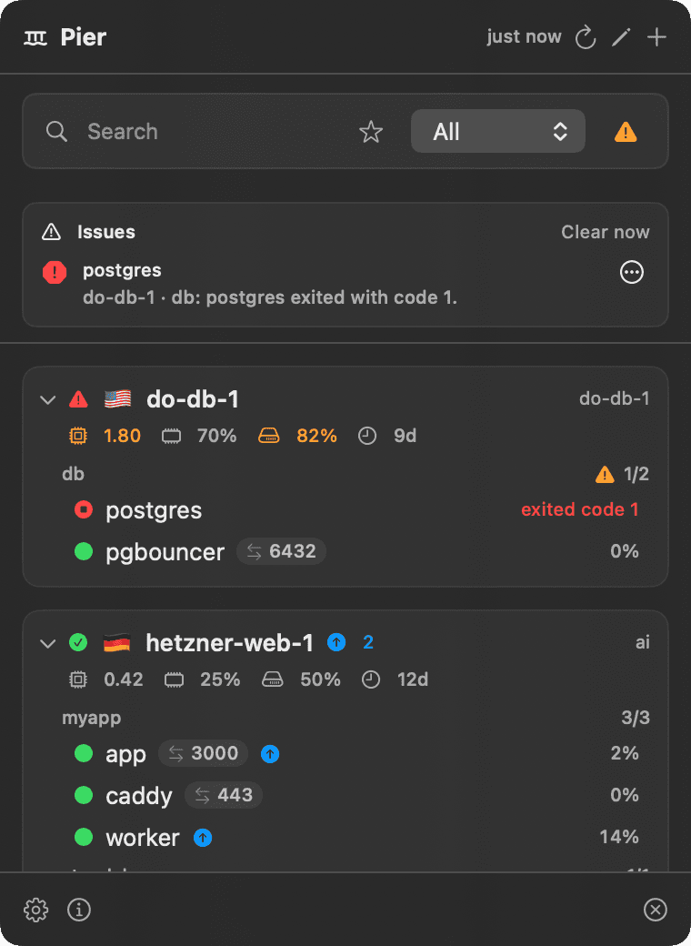 Pier showing an expanded server with a failed postgres container