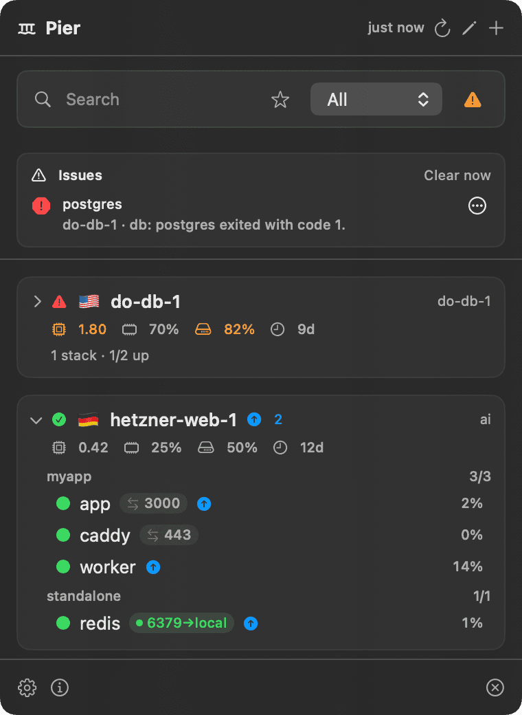 Pier menu-bar dropdown: servers with Docker stacks, container health, host metrics, and image-update badges