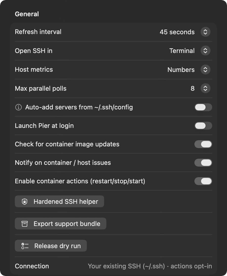Pier settings: refresh interval, metrics display, image-update checks, launch at login, read-only connection