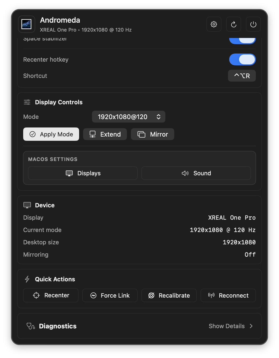Andromeda menu diagnostics and lower controls