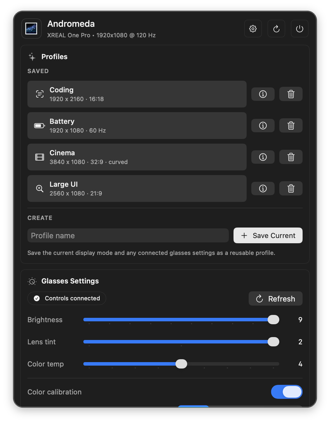 Andromeda menu profiles and glasses controls